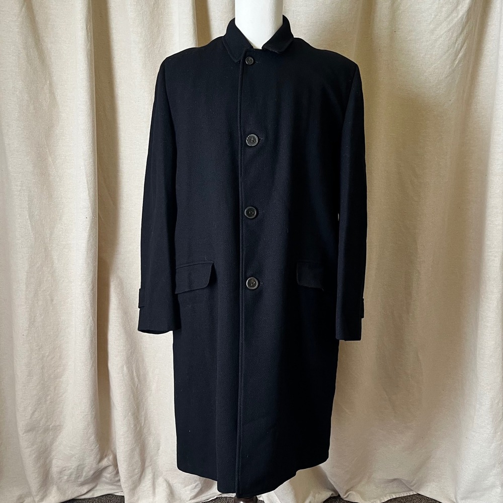 Vintage 1960s Black Wool Overcoat Talon Zip Zip‎ Out Plaid Liner Men's L XL